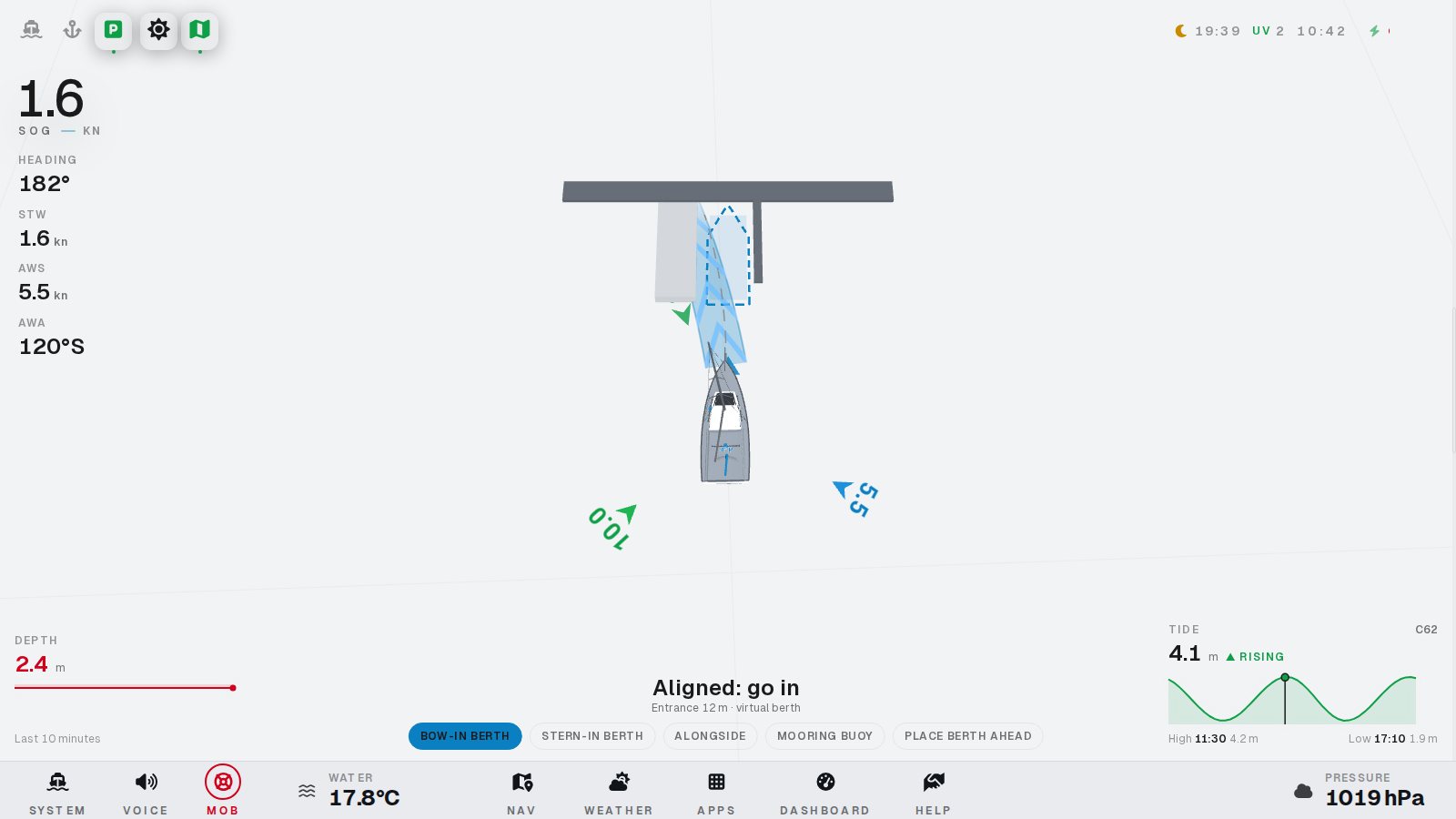 Aide à l’amarrage avec la trajectoire prévue jusqu’à la place